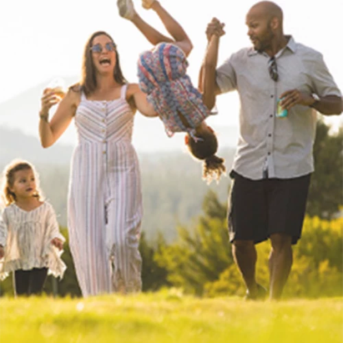 A family of four is enjoying outdoor activities; a woman and man swing a child by her arms while another child runs beside them in a grassy area.